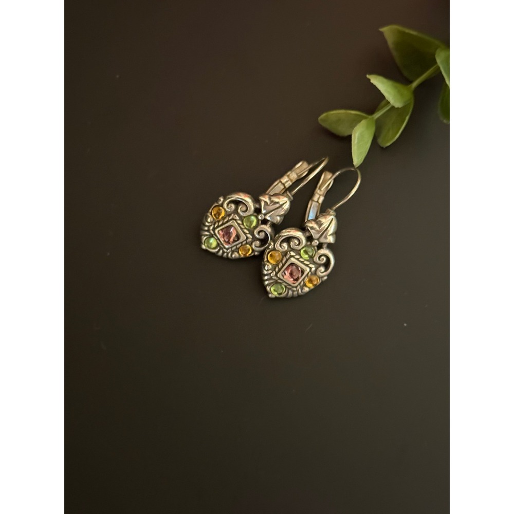Brighton Retired Dazzle Drop Earrings Pink Green Amber Silver Heart Leverback - Picture 5 of 7